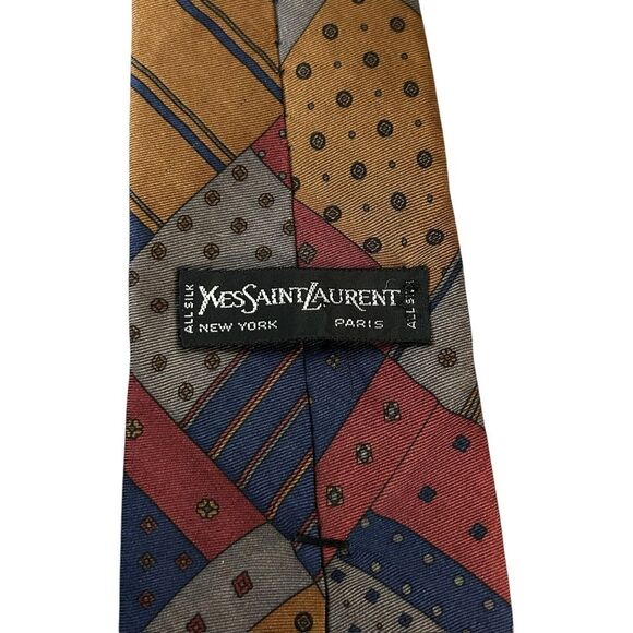 Yves Saint Laurent 100% Silk Neck Tie Maroon Red Gold Patchwork Quilt Print Luxe - Picture 2 of 5